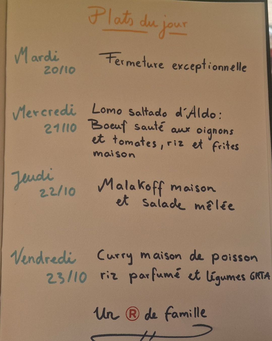 Carte des plats du jour du 19.10 au 23.10 chez Un R de Famille