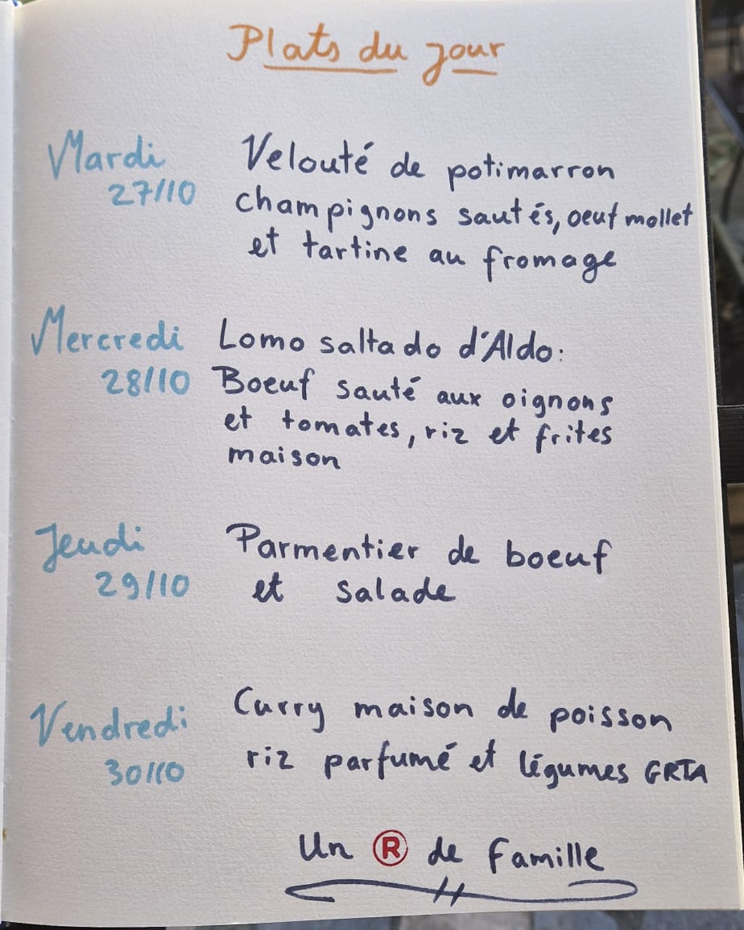 Carte des plats du jour du 27.10 au 30.10 chez Un R de Famille